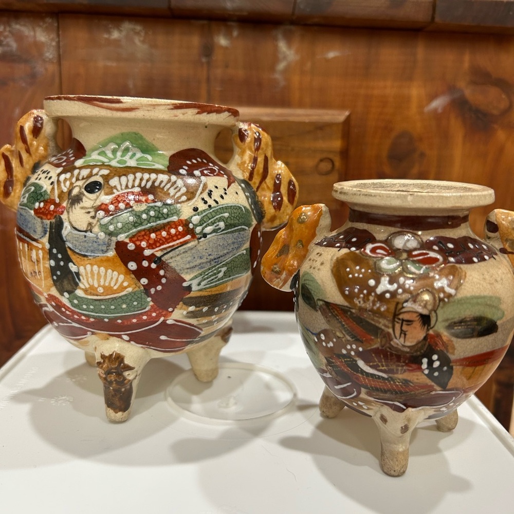 Set of 2 Small Unique Vintage Handpainted Asian Style Handled Pottery Vases